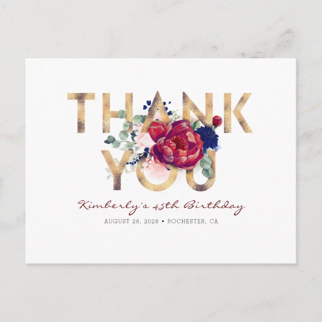 Burgundy Red Peony Navy Blue Birthday Thank You Postcard (Front)