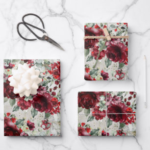 Burgundy Red Peony Silver Eucalyptus Greenery Wrapping Paper Sheets