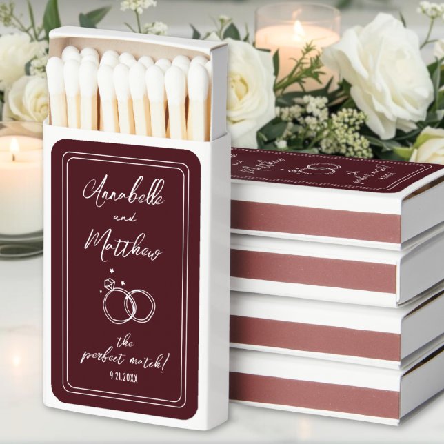 Burgundy Red Perfect Match Wedding Matchbox (Perfect Match Burgundy Wedding Matchbox)