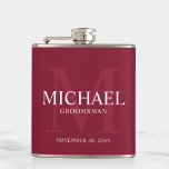 Burgundy Red Personalized Groomsmen Flask<br><div class="desc">Add a personal touch to your wedding with personalized groomsmen flask. This flask features personalized groomsman's name with title and wedding date in white and monogram in light burgundy red as background, in classic serif font style, on burgundy red background. Also perfect for best man, father of the bride, ring...</div>