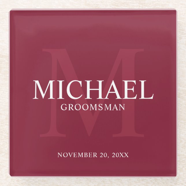 Burgundy Red Personalized Groomsmen Glass Coaster (Front)