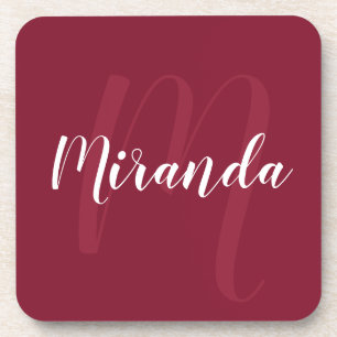 Burgundy Red Personalized Monogram and Name Beverage Coaster