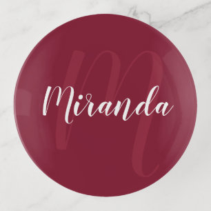 Burgundy Red Personalized Monogram and Name Trinket Tray