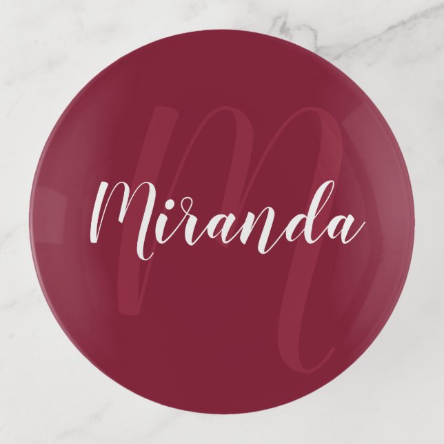 Burgundy Red Personalized Monogram and Name Trinket Tray (Front)