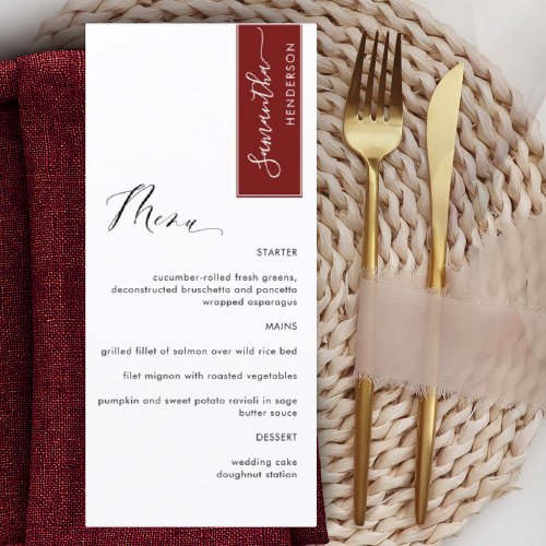 Burgundy Red Personalized with Guest Name Elegant Menu