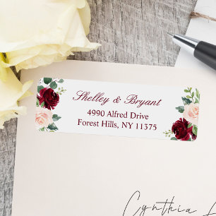 Burgundy Red Pink Blush Peony Floral Address Label