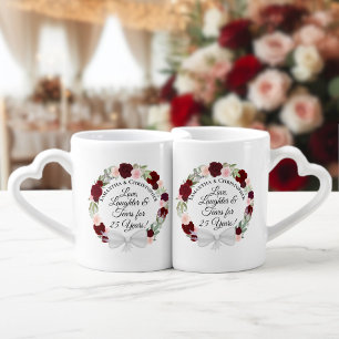 Burgundy Red & Pink Boho Roses 25th Anniversary  Coffee Mug Set