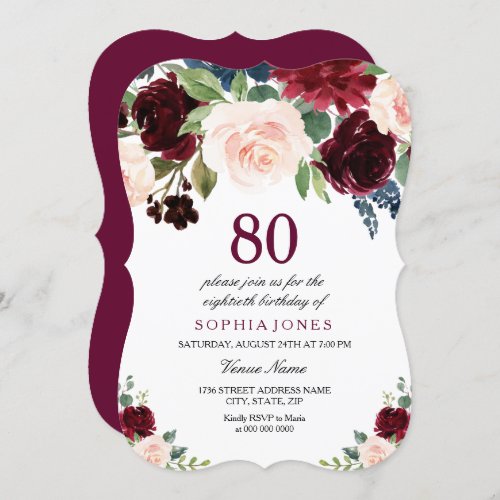 Burgundy Red Pink Floral 80th Birthday Party Invitation