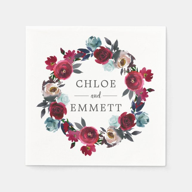 Burgundy Red Pink Floral Custom Wedding Napkins (Front)