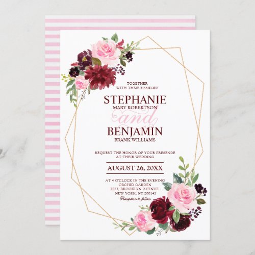 Burgundy Red pink Floral modern geometric wedding Invitation - Watercolor Burgundy Red pink gold Floral Rustic Boho Wedding Invitation Card with modern geometric frame . Perfect for a fall wedding. The design features a stunning bouquet of burgundy / Marsala , peach , navy flowers with matching leaves. Please find more matching designs and variations in my "blissweddingpaperie" store. And feel free to contact me for any custom requests.
