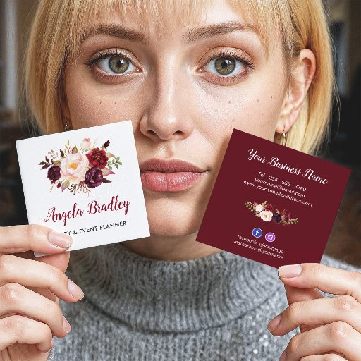 Customizable Burgundy Red Pink Floral Rustic Chic Personal Square Business Card