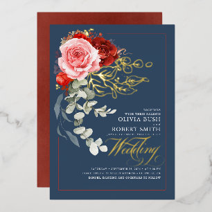 Burgundy Red Pink Flowers Boho Navy Blue Wedding Foil Invitation