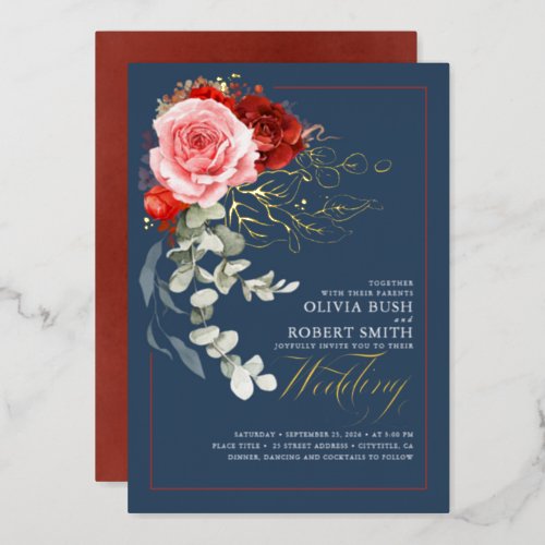 Burgundy Red Pink Flowers Boho Navy Blue Wedding Foil Invitation