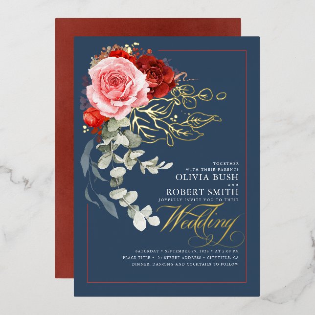 Burgundy Red Pink Flowers Boho Navy Blue Wedding Foil Invitation (Front/Back)