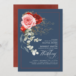 Burgundy Red Pink Flowers Boho Navy Blue Wedding Invitation