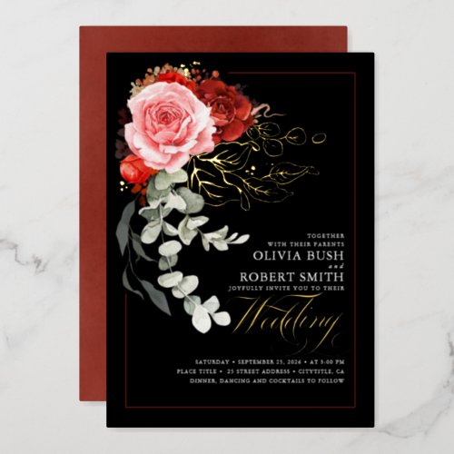 Burgundy Red Pink Flowers Eucalyptus Black Wedding Foil Invitation
