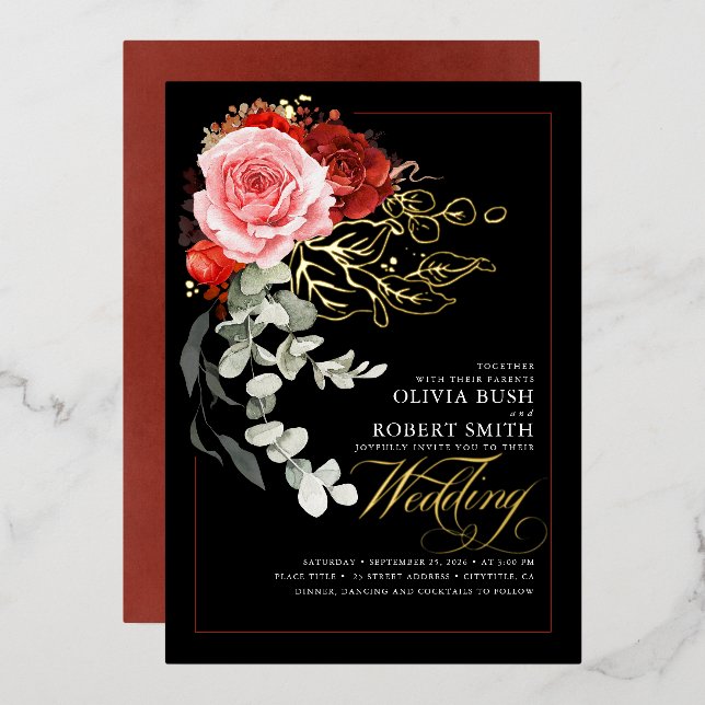 Burgundy Red Pink Flowers Eucalyptus Black Wedding Foil Invitation (Front/Back)