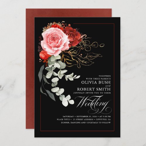 Burgundy Red Pink Flowers Eucalyptus Black Wedding Invitation