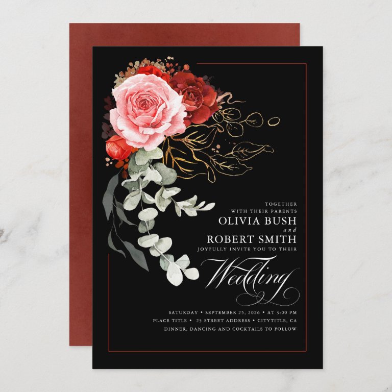 Burgundy Red Pink Flowers Eucalyptus Black Wedding Invitation