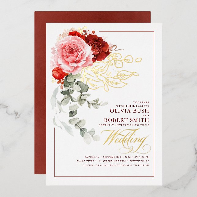 Burgundy Red Pink Flowers Eucalyptus Boho Wedding Foil Invitation (Front/Back)