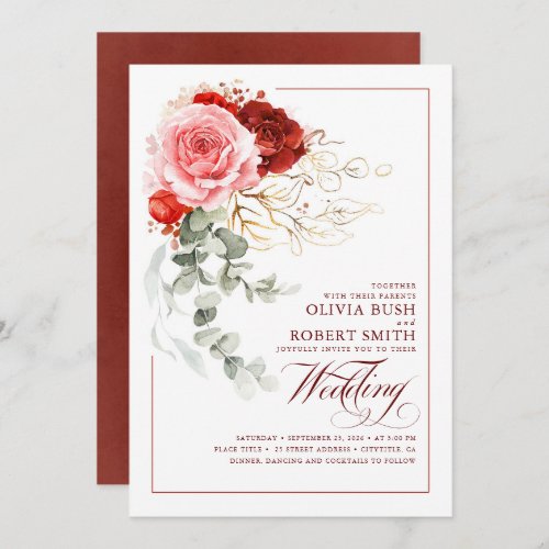Burgundy Red Pink Flowers Eucalyptus Boho Wedding Invitation
