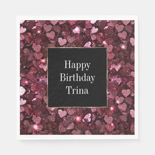 Burgundy Red Pink Glitter Hearts Napkins (Front)