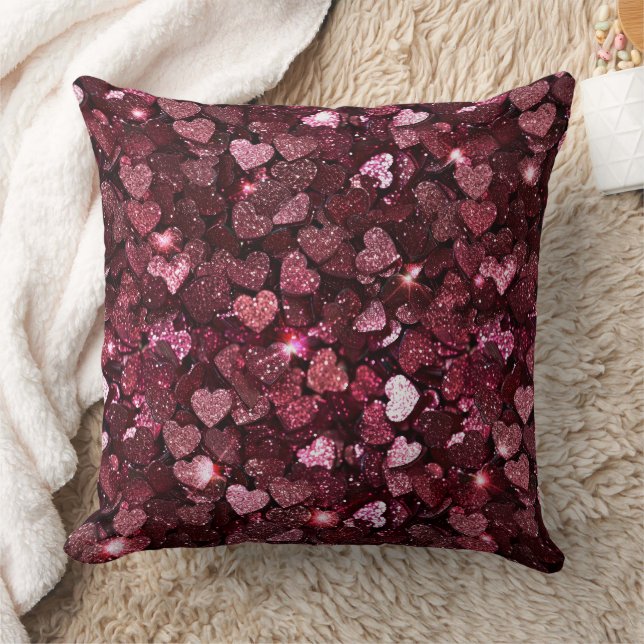 Burgundy Red Pink Glitter Hearts Throw Pillow (Blanket)