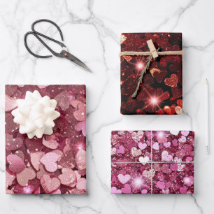 Burgundy Red Pink Glitter Hearts Wrapping Paper Sheets