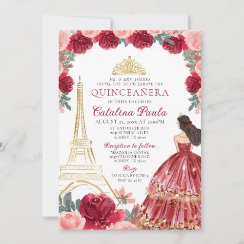 Burgundy Red Pink Gold Tiara Paris Quinceaera Invitation