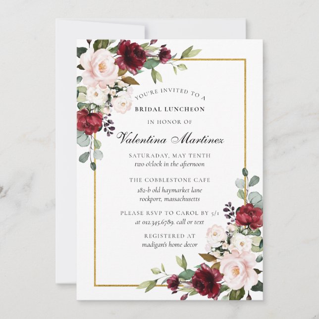 Burgundy Red Pink Rose Floral Bridal Luncheon Invitation (Front)