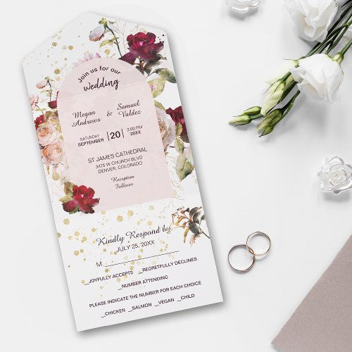 Burgundy Red Pink Rose Floral Photo All In One Invitation
