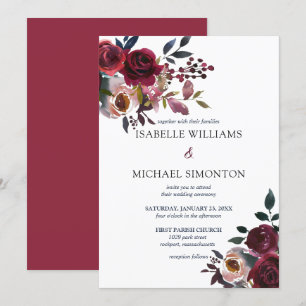Burgundy Red Pink Rose Floral Wedding Invitation