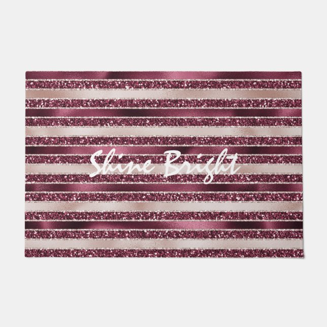Burgundy Red Pink Rose Gold Glitter Stripes       Doormat (Front)