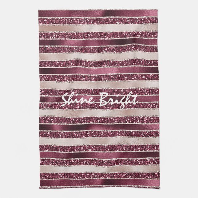 Burgundy Red Pink Rose Gold Glitter Stripes        Kitchen Towel (Vertical)