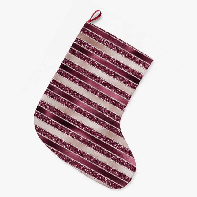 Burgundy Red Pink Rose Gold Glitter Stripes       Large Christmas Stocking (Front (Hanging))