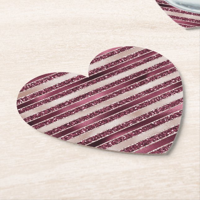 Burgundy Red Pink Rose Gold Glitter Stripes        Paper Coaster (Angled)