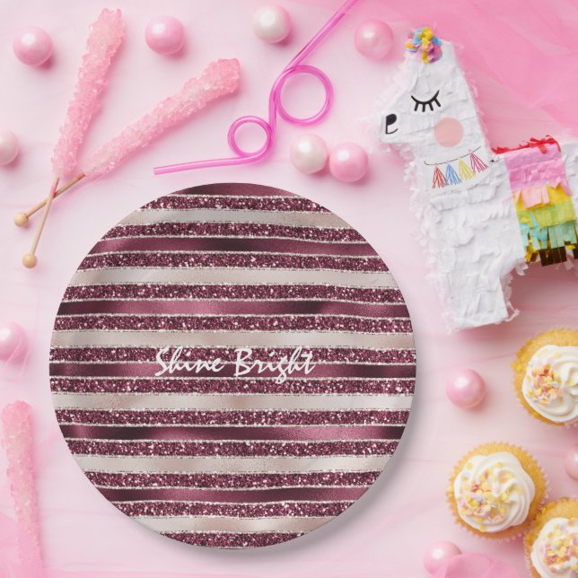 Burgundy Red Pink Rose Gold Glitter Stripes     Paper Plates (Party)