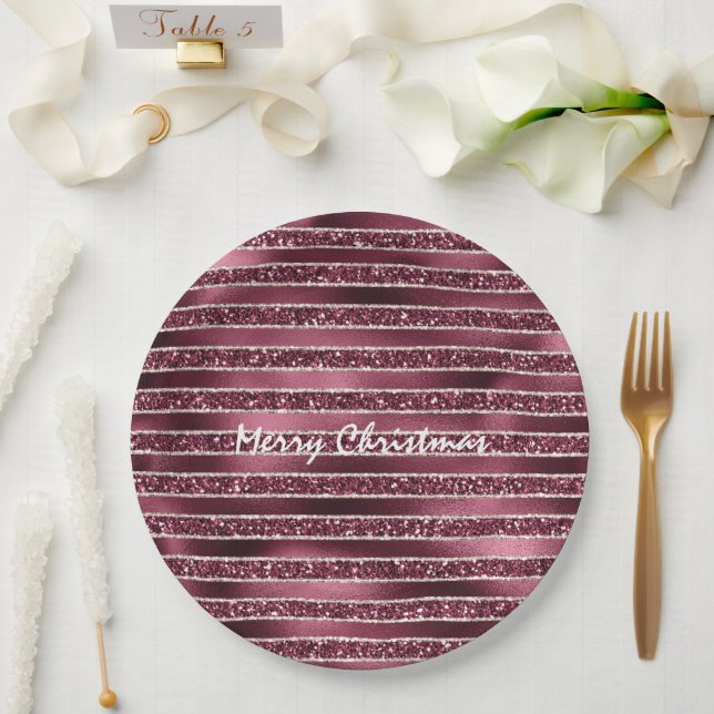 Burgundy Red Pink Rose Gold Glitter Stripes      Paper Plates (Wedding)