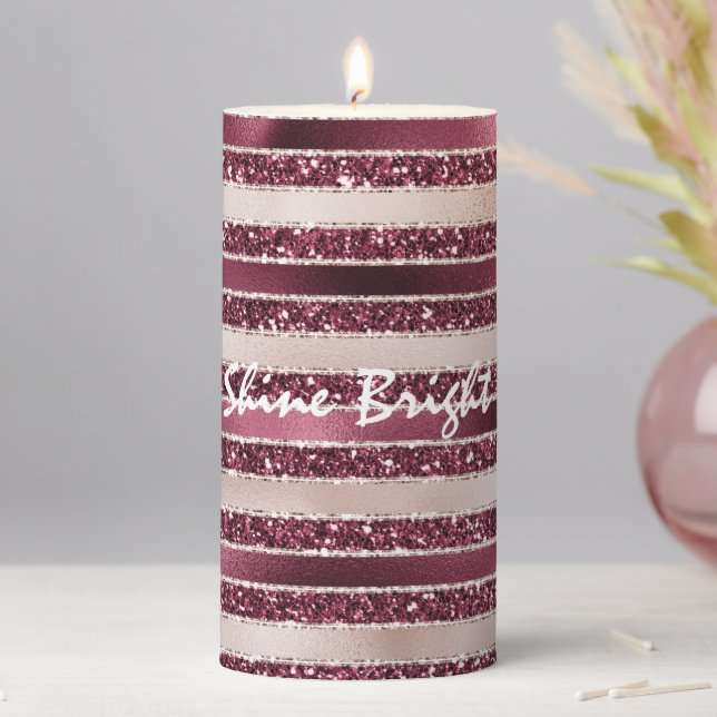 Burgundy Red Pink Rose Gold Glitter Stripes       Pillar Candle (In Situ)