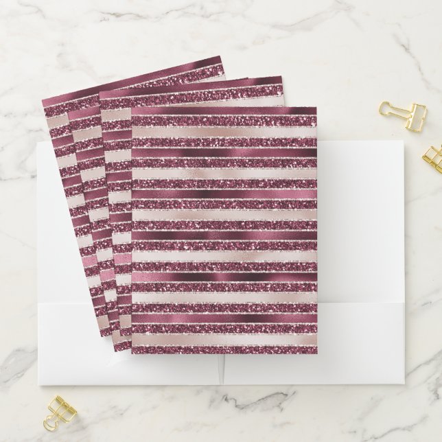 Burgundy Red Pink Rose Gold Glitter Stripes        Pocket Folder (In Situ)