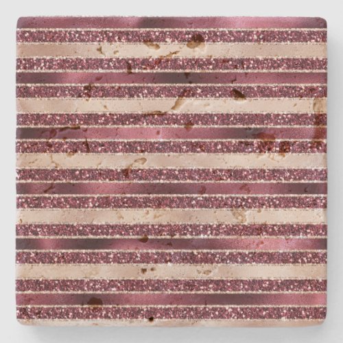 Burgundy Red Pink Rose Gold Glitter Stripes        Stone Coaster