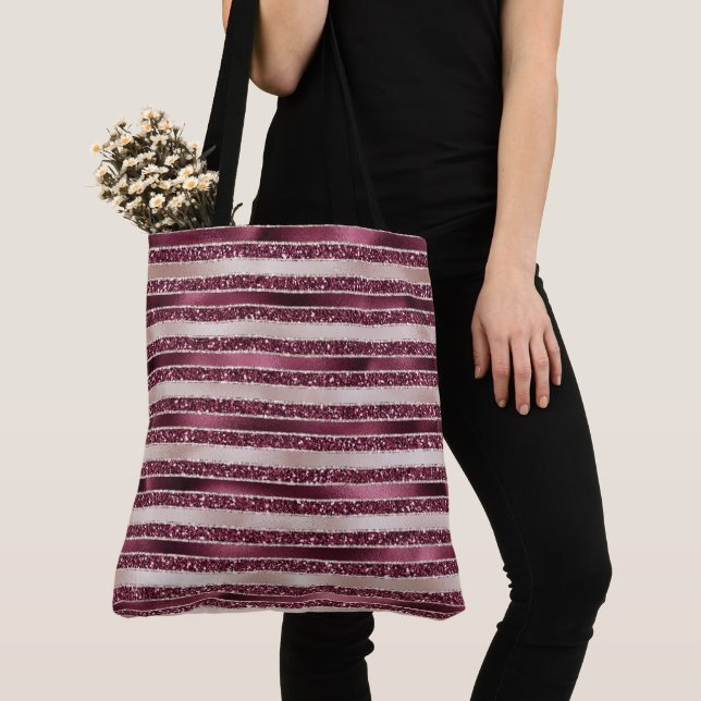Burgundy Red Pink Rose Gold Glitter Stripes        Tote Bag (Close Up)