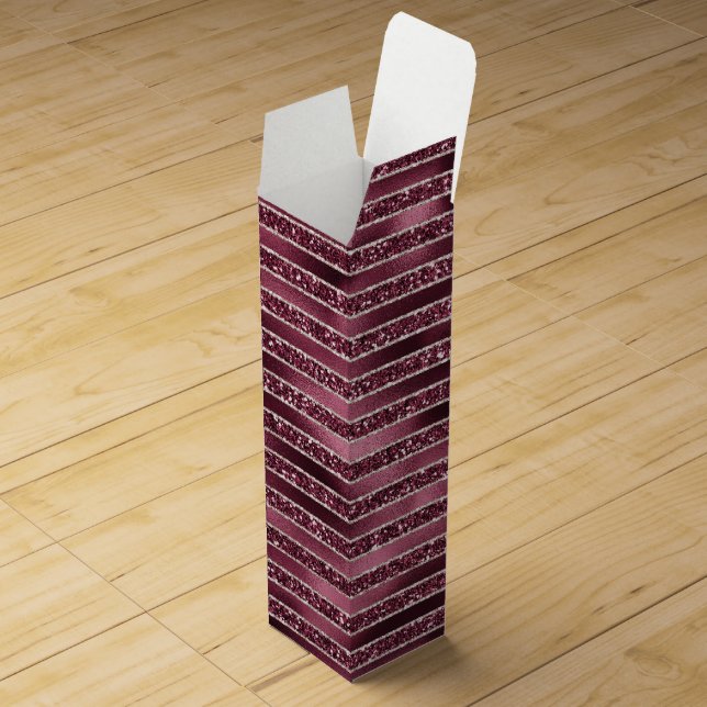 Burgundy Red Pink Rose Gold Glitter Stripes Wine Box (Opened)