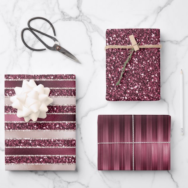Burgundy Red Pink Rose Gold Glitter Stripes     Wrapping Paper Sheets (Front)
