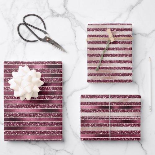 Burgundy Red Pink Rose Gold Glitter Stripes Wrapping Paper Sheets