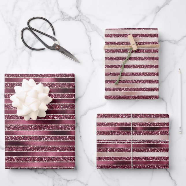 Burgundy Red Pink Rose Gold Glitter Stripes Wrapping Paper Sheets (Front)