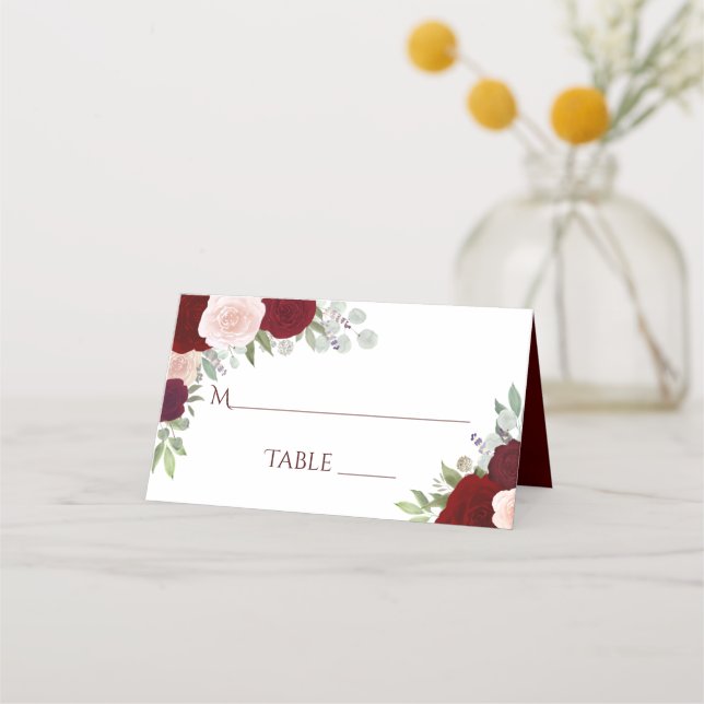 Burgundy Red & Pink Roses Elegant Wedding Write-In Place Card (Front)