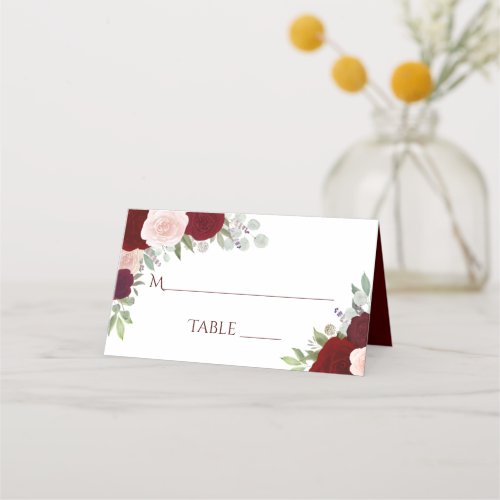 Burgundy Red  Pink Roses Elegant Wedding Write_In Place Card