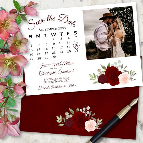 Burgundy Red  Pink Roses Wedding Calendar  Photo Save The Date