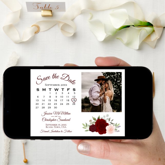 Burgundy Red & Pink Roses Wedding Calendar & Photo Save The Date (Front Digital)